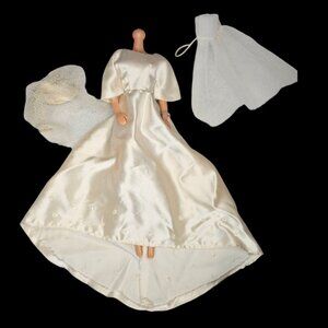 VTG Mod Barbie Clone Ivory Satin Wedding Dress w Veils 50s 60s Needs Repair